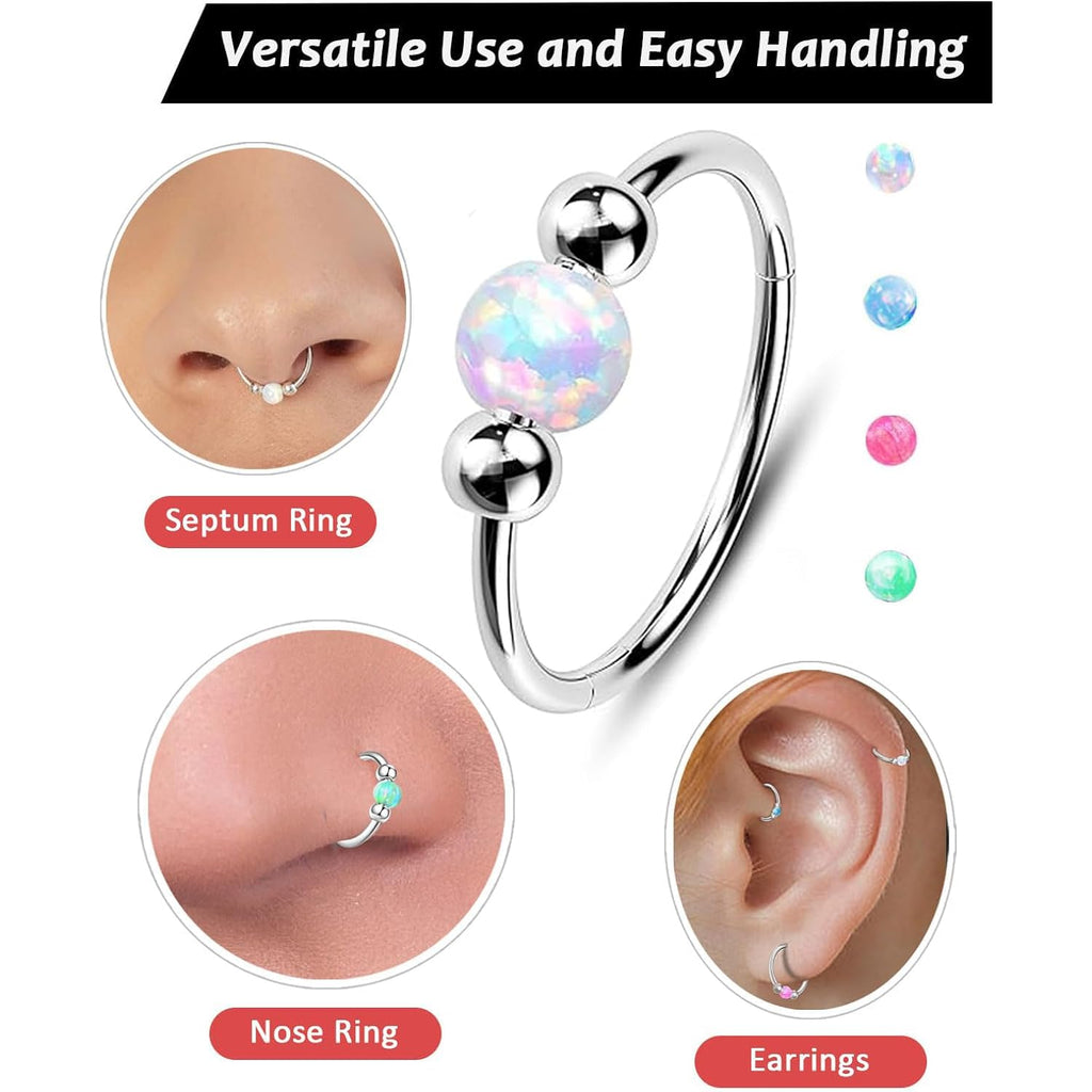2 Pcs Small Cartilage Hoop Earrings for Women Men, 18G Opal Silver Earrings Hypoallergenic 316L Surgical Steel Hinge Huggie Hoop Earrings for Helix,Tragus,Conch,Rook,Earlobe Piercing Jewelry Nose Ring