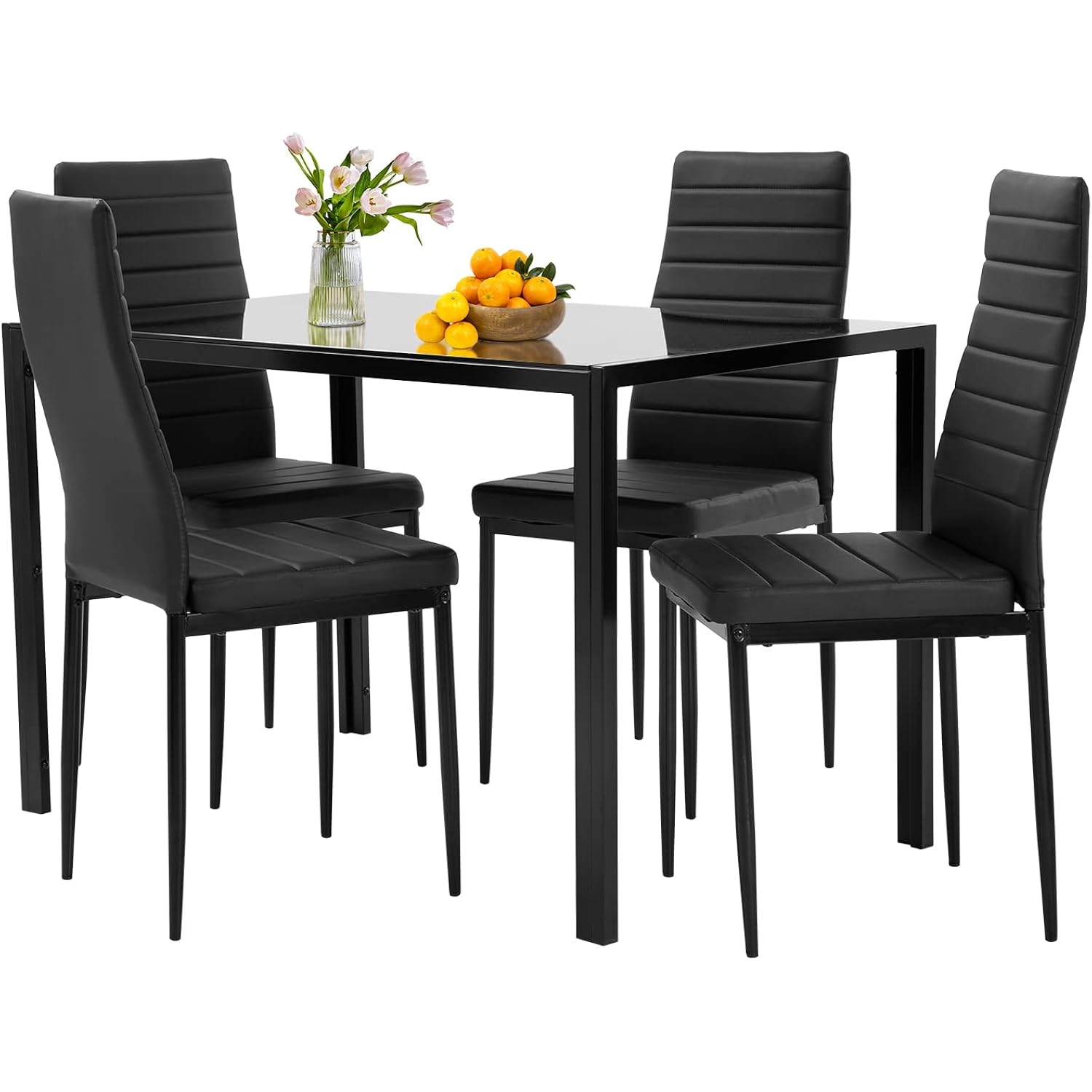 Fdw | 5-Piece Dining Table Set | Black | Glass Kitchen Table With 4 Upholstered Chairs And Faux Leather Cushions | Space-Saving And Modern Design | For Dining Room, Easy To Assemble