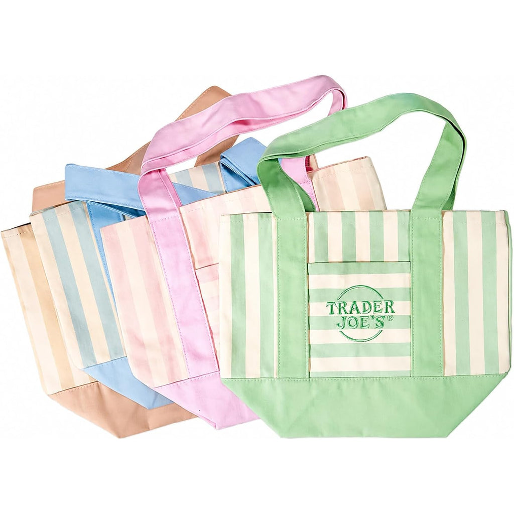 Set Of 4 Mini Striped Canvas Tote Bags, Pastel Mint Green, Pink, Light Blue, And Beige