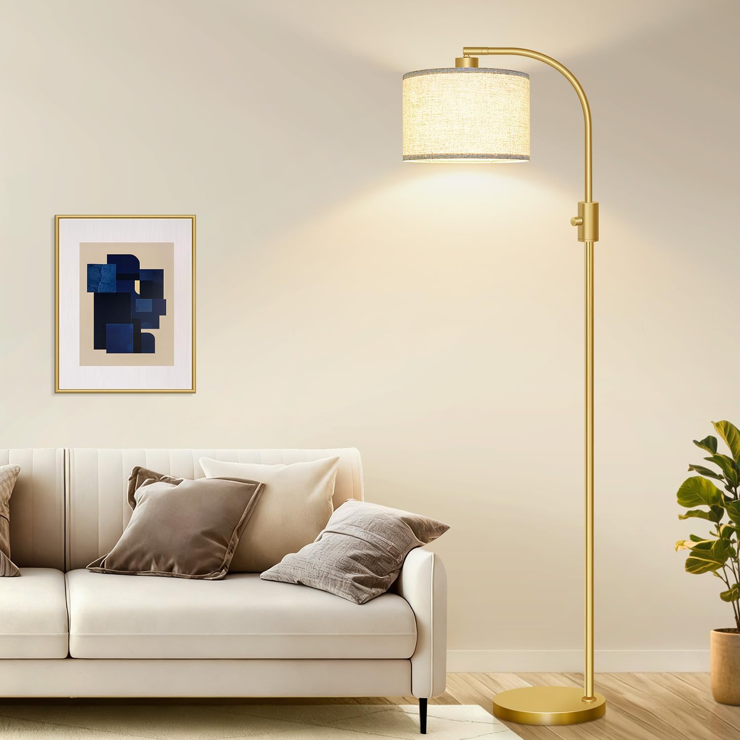Upgraded Modern Arc Dimmable Tall Standing Floor Lamp With Linen Shade, 1200 Lumens Led Bulb Included, For Living & Reading Room, Bedroom, Office & Nursery, Gold
