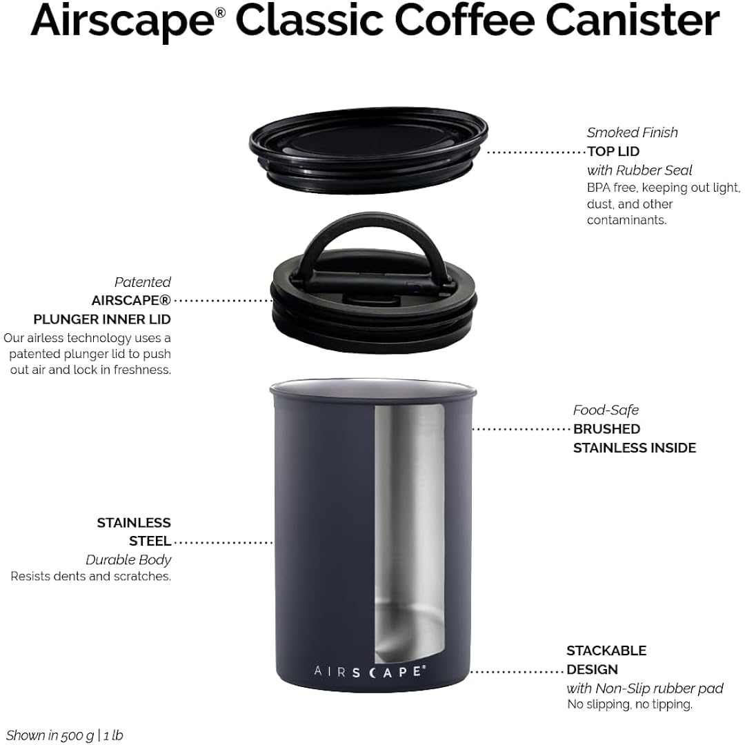Airscape Planetary Design Stainless Steel Coffee Canister | Food Storage Container | Us Patented Inner Plunger Lid Removes Excess Oxygen | Don'T Buy Airtight, Buy Air-Less | (Medium, Matte Black)
