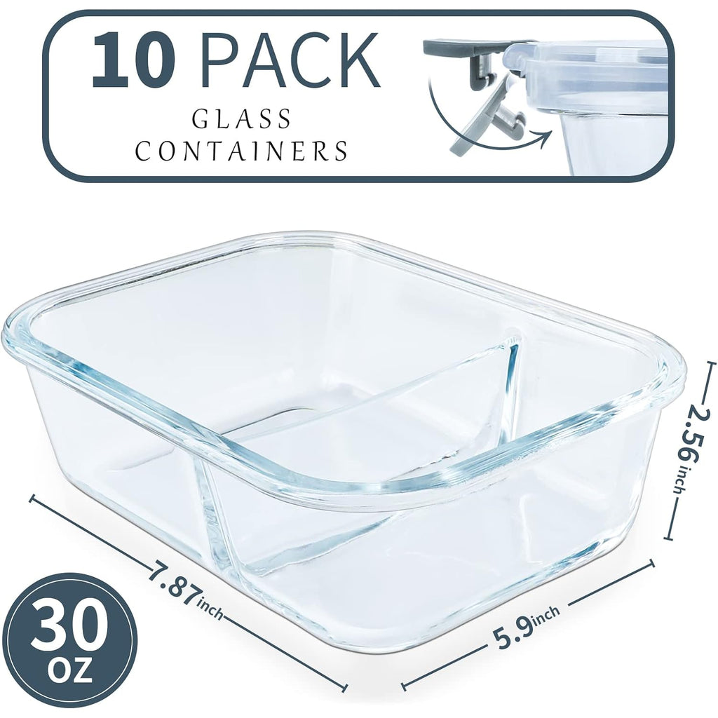 10 Packs 30Oz Glass Meal Prep Containers 2 Compartments,Glass Food Storage Containers With Lids,Airtight Lunch Bento Boxes,Microwave,Oven,Freezer And Dishwasher Safe
