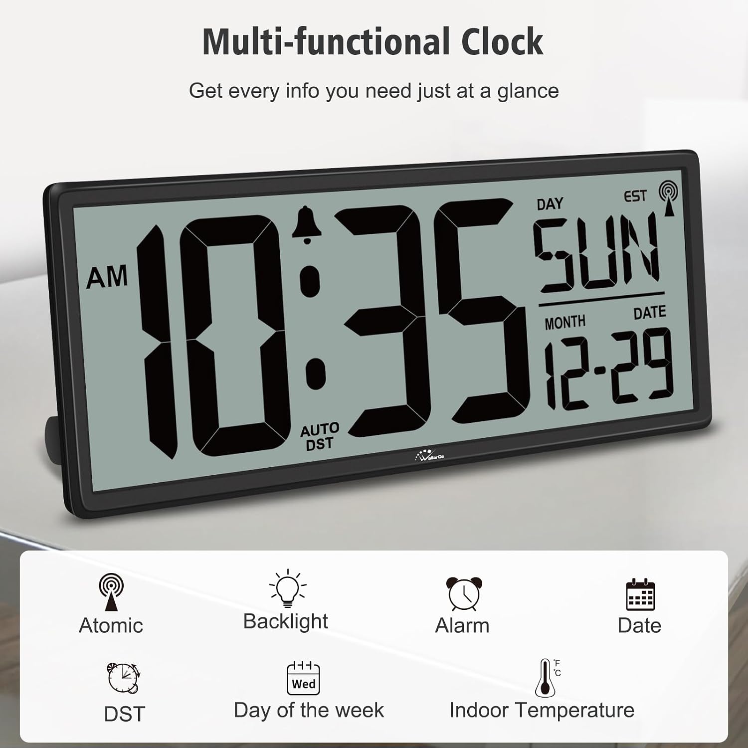 14.5'' Atomic Clock With Backlight, Large Digital Wall Clock Battery Operated, Large Display With Temperature And Date, Easy To Read And Set Digital Wall Clock, Auto Dst