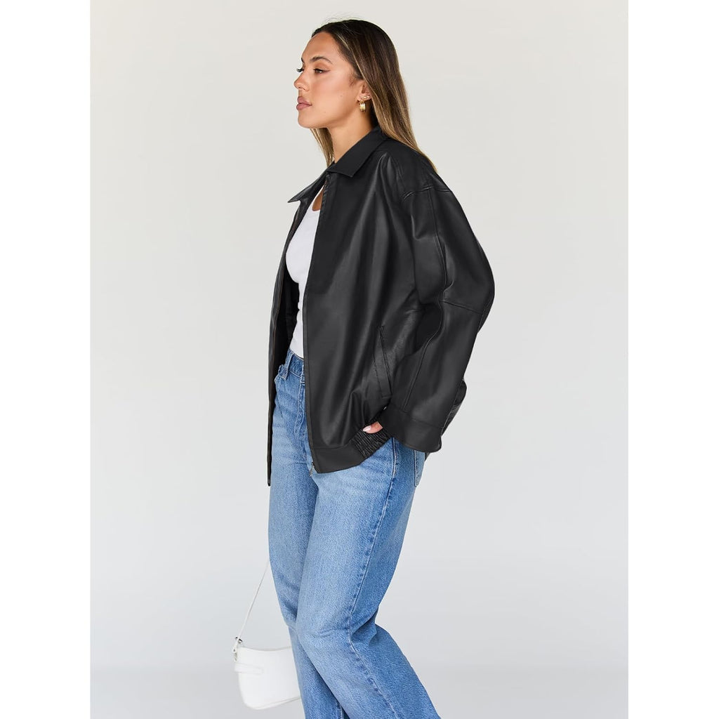 Trendy Queen Womens Oversized Leather Jacket Moto Bomber Coat Spring Fall | Spring Jacket Boyfriend Fall Clothes Going Out Fashion Concert Party Coat Travel Airport Winter Outfits