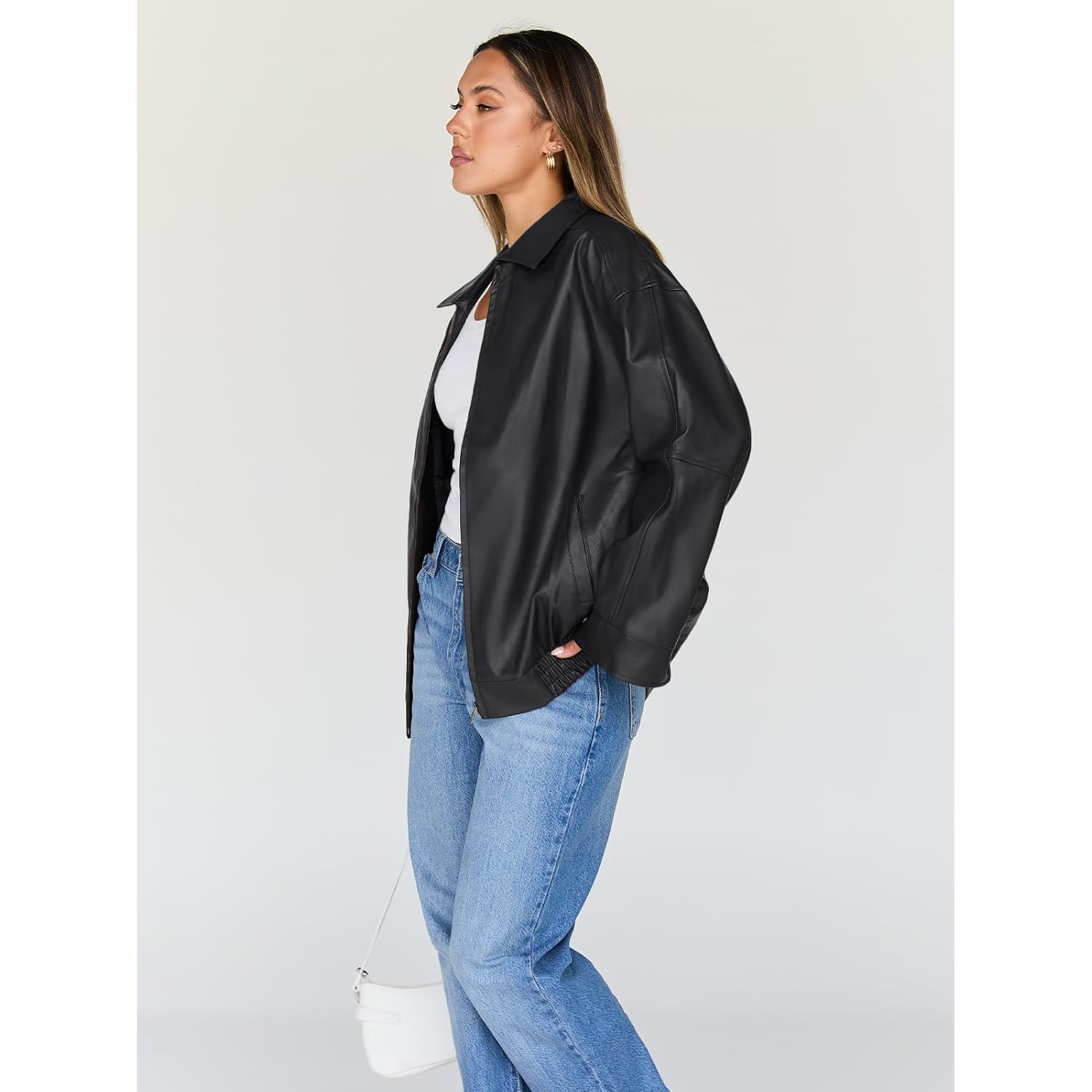 Trendy Queen Womens Oversized Leather Jacket Moto Bomber Coat Spring Fall | Spring Jacket Boyfriend Fall Clothes Going Out Fashion Concert Party Coat Travel Airport Winter Outfits