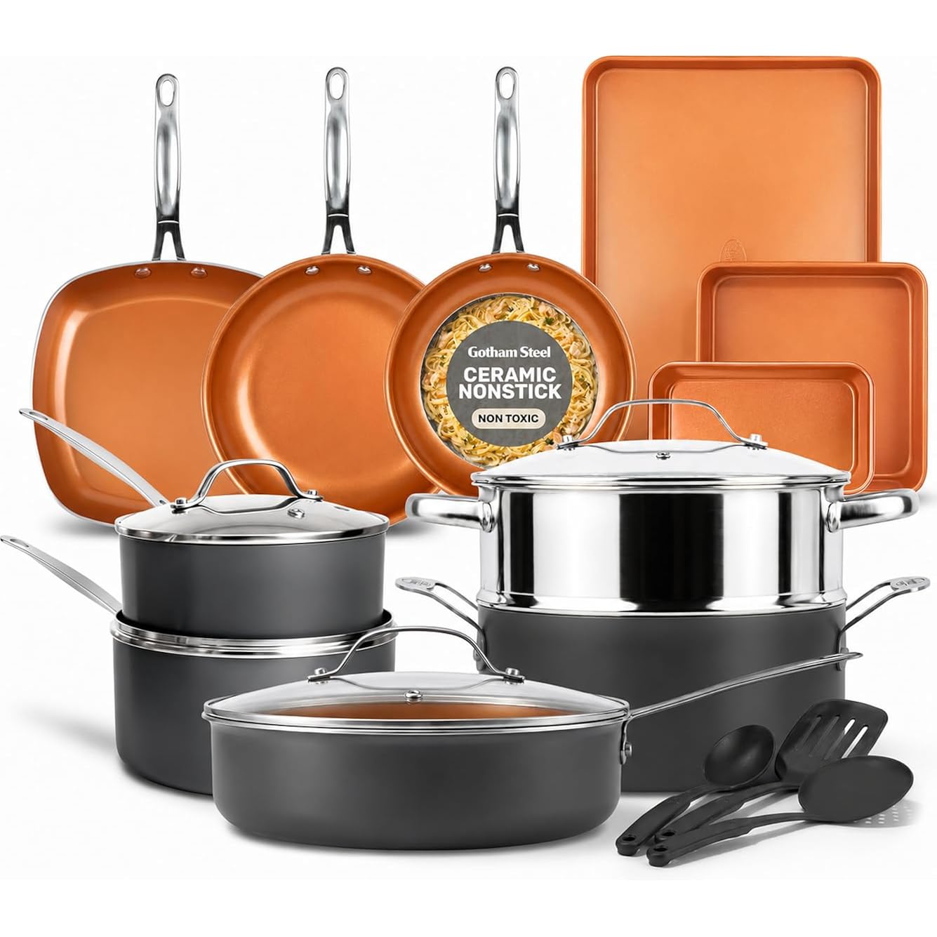 GOTHAM STEEL 20 Pc Ceramic Cookware Set, Copper Pots and Pans Set Non Stick with Bakeware, Cooking Utensils, and Steamer, Oven and Dishwasher Safe