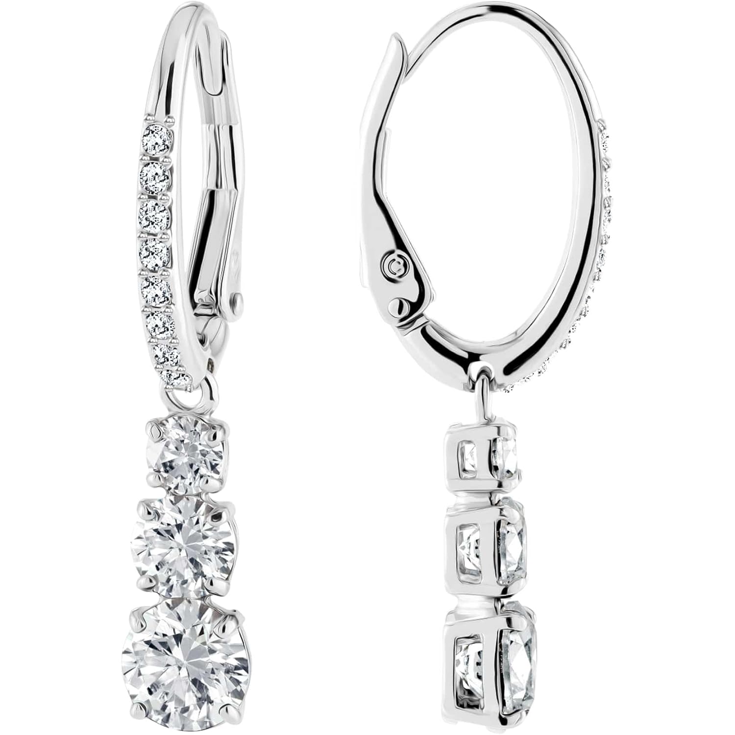 Swarovski Stilla Attract Trilogy Drop Pierced Earrings with White Crystals on a Rhodium Plated Setting with Hinged Closure