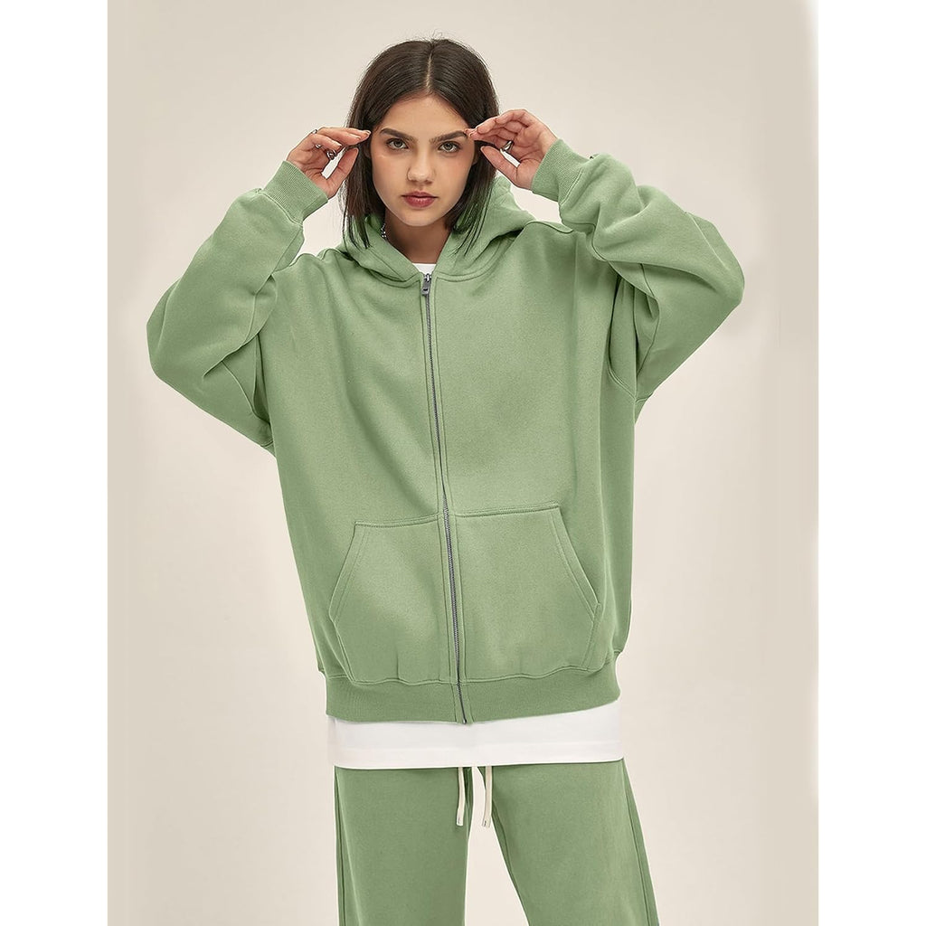 Flygo Mens Zip Up Hoodies Oversized Fleece Long Sleeve Drop Shoulder Hooded Sweatshirt Trendy Vintage Streetwear