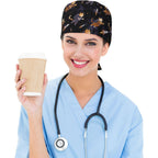 Van Gogh-Style Black Cat Working Cap, Scrub Cap With Sweatband, Adjustable Tie Back Hat Breathable Headgear For Women/Men