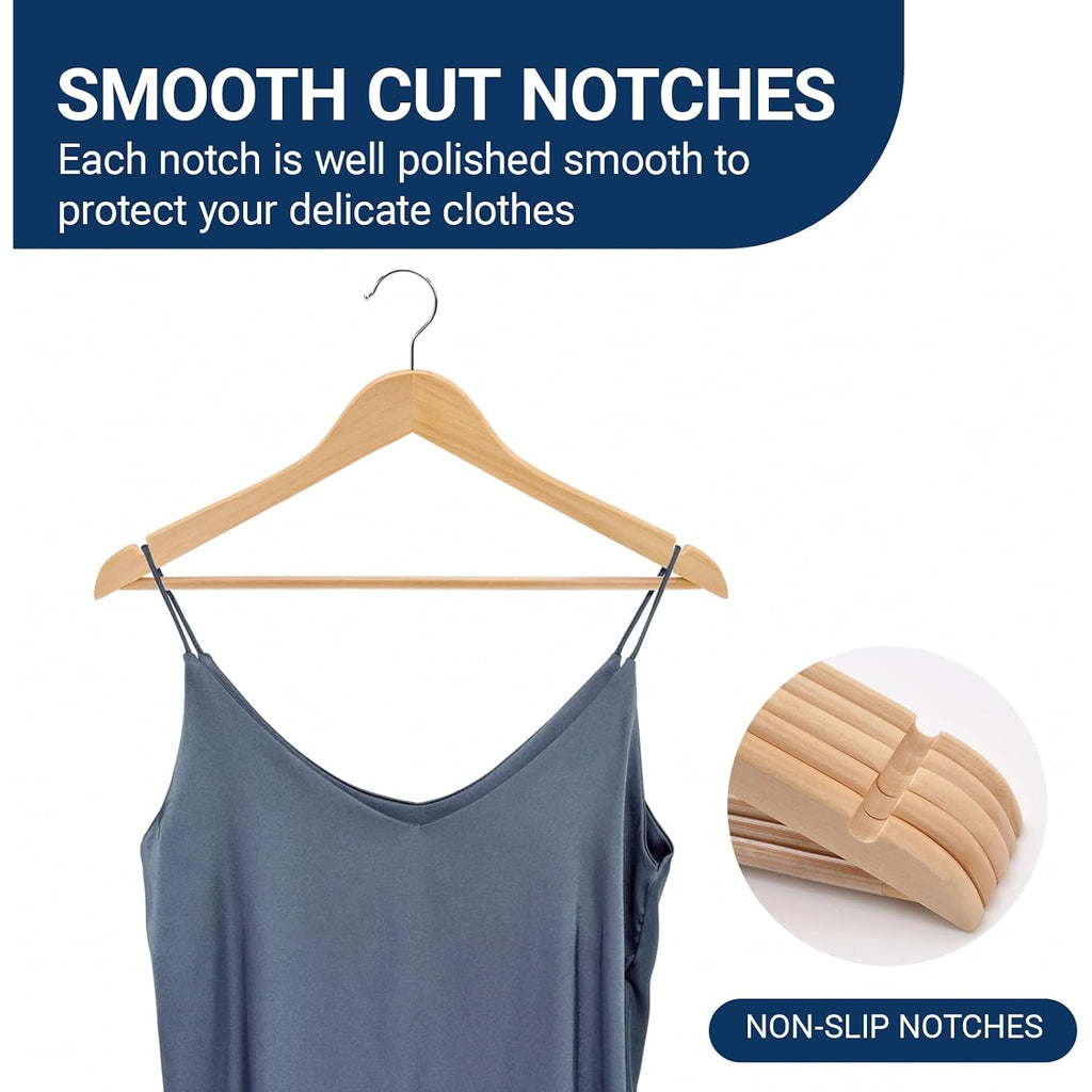 Amber Home 30 Pack Wooden Coat Hangers, Natural Wood Suit Hangers With Non-Slip Pant Bar, Clothes Hangers For Closet Organization, Shirts, Jackets, Dresses, And Pants (Natural, 30)