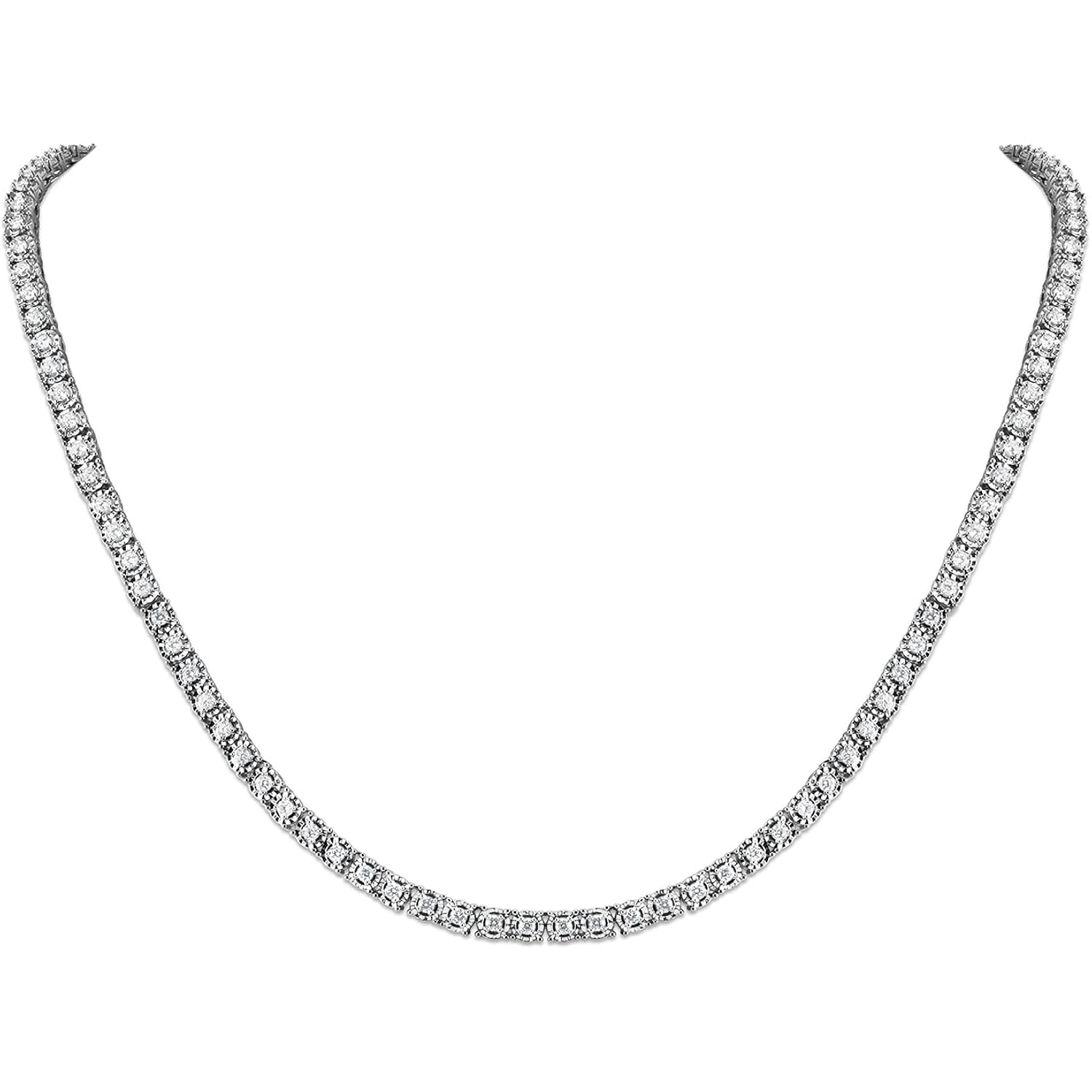 Belacqua 2 Carat Round Lab Grown Diamond Tennis Necklaces in Sterling Silver, Chain Length 16.5 Inches, Round Cut 3.7 mm, J-K Color, I1-I2 Clarity, 75% Diamond Coverage, Gift Box Included