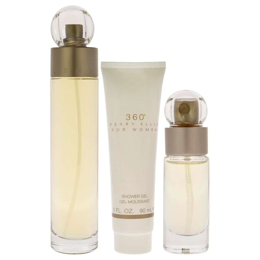 Perry Ellis 360 3.4oz EDT Spray, 0.25oz EDT Spray 3oz Shower Gel Women 3 Pc Gift Set