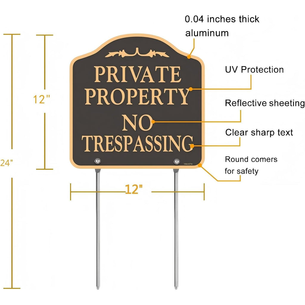 2 Pack Large No Trespassing Signs Private Property | Metal, Aluminum, Includes Metal Yard Stakes For Easy Installation, 12X12 Inches