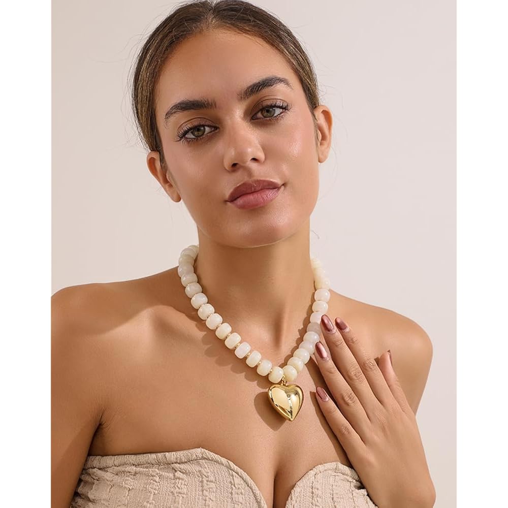 Mothers Day Gifts Puffy Gold Heart Necklaces For Women Chunky Beaded Necklace in Several Colorways Short Heart Choker Statement y2k NecklaceSummer Beach Jewelry Gift