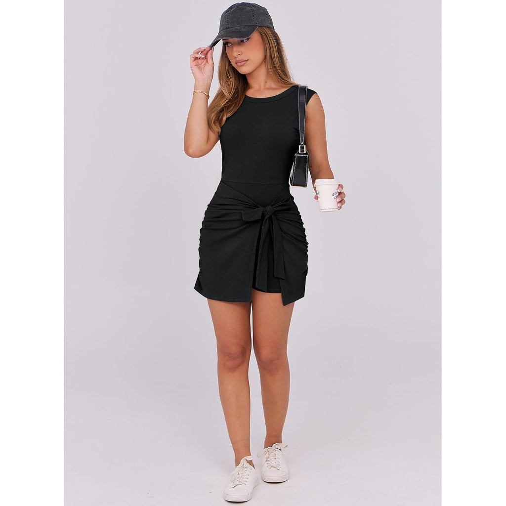 Caracilia Women Summer Sleeveless Bodycon Tie Cinched Waist Romper Skort Mini Dress Built In Shorts Night Out Vacation Dress