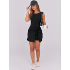 Caracilia Women Summer Sleeveless Bodycon Tie Cinched Waist Romper Skort Mini Dress Built In Shorts Night Out Vacation Dress
