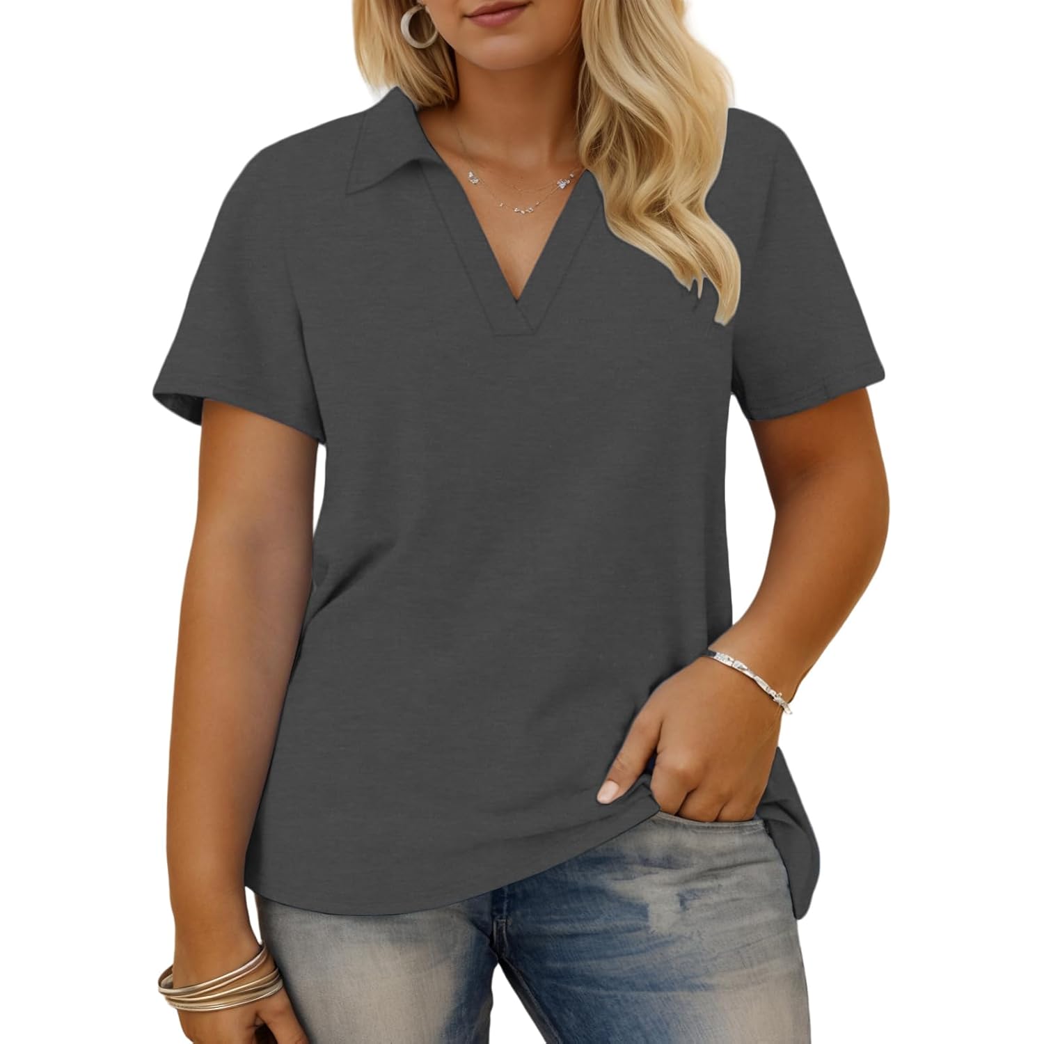 Plus-Size-Summer-Tops for Women Collared V Neck Polo Shirts Flowy Tunics Trendy Short Sleeve Blouses 1X-5X