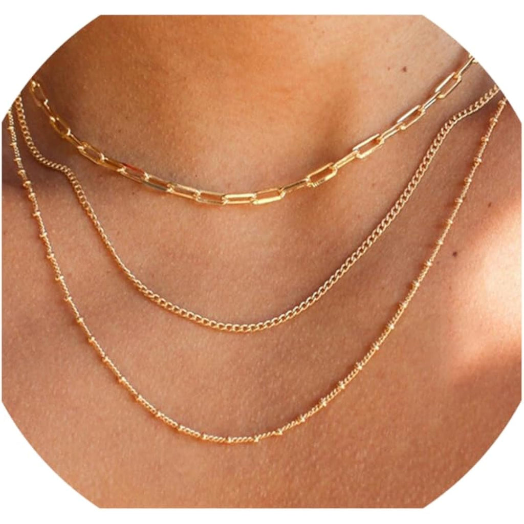 CONRAN KREMIX Waterproof Gold Necklace Layered Necklaces for Women Non Tarnish,14k Gold Plated Stainless Steel Dainty Stack Thin Chain Necklace Set for Women Gifts Jewelry