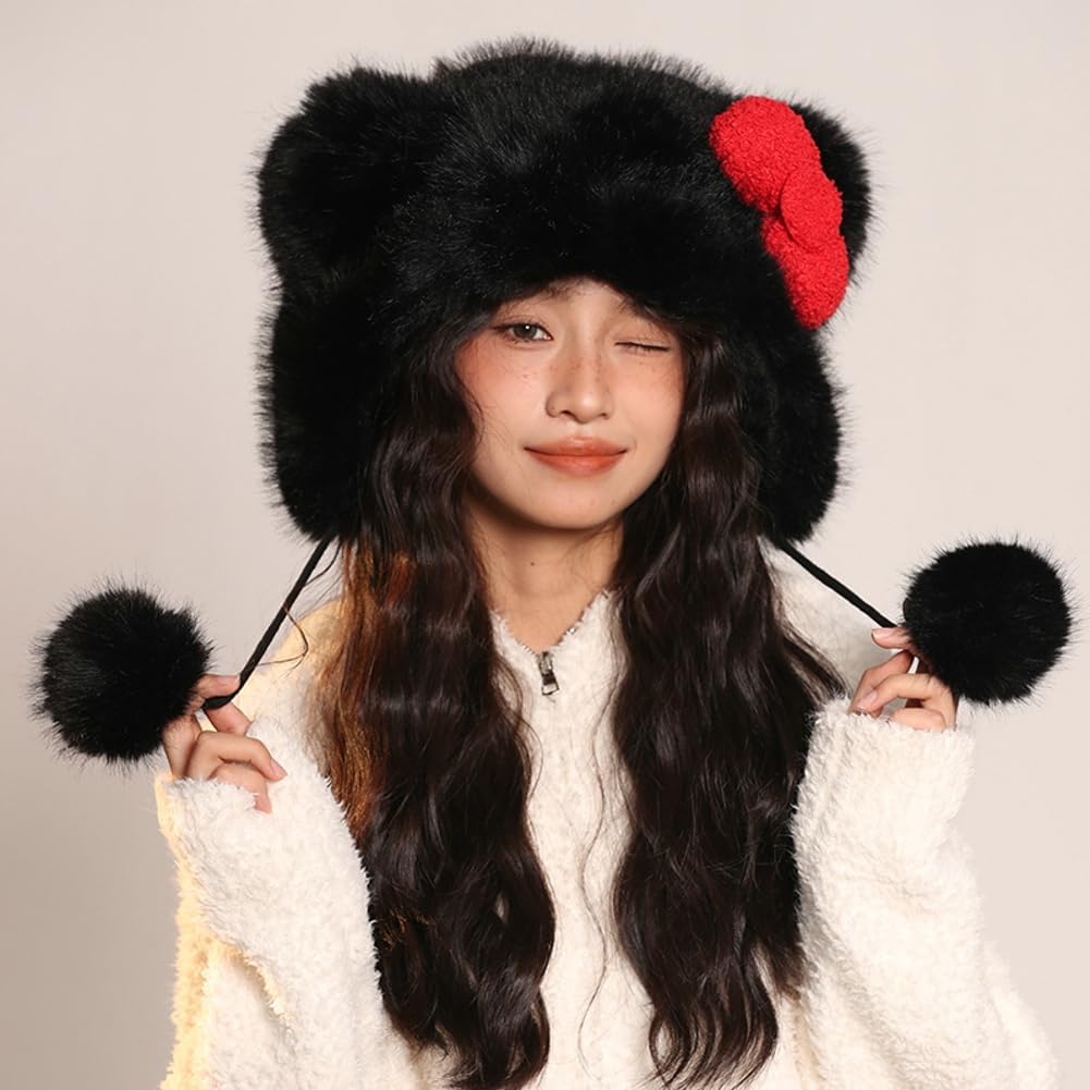 Pocadri Womens Winter Fluffy Faux Fur Trapper Hat Cute Cartoon Ear Beanie Cap Fleece Snow Hat with Earflap Festival Gifts