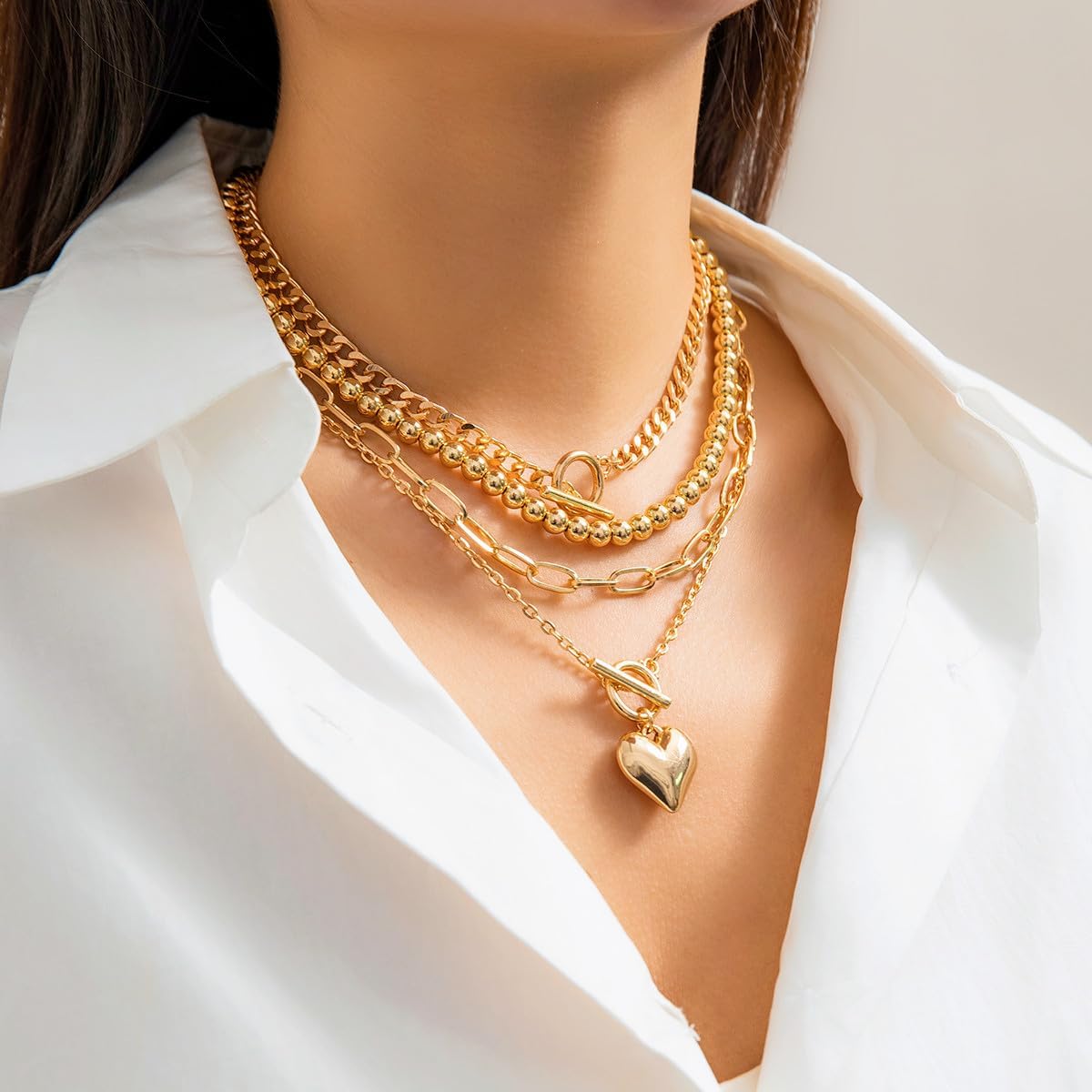 Otxas Layered Necklace for Women Non Tarnish Chunky Necklace Stack for Women Paperclip Chain Necklaces Retro Coin Medallion Heart Pendant Necklaces Chunky Jewelry Set