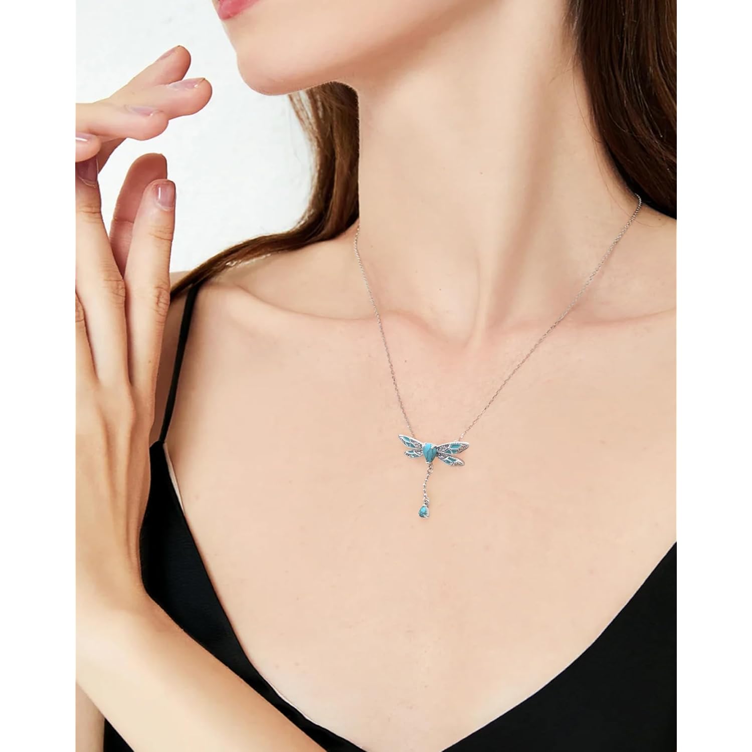 925-Sterling-Silver Turquoise Dragonfly/Hummingbird/Compass/Anchor/Butterfly/Cross/Lotus Necklaces Vintage Boho Pendant Jewelry Victorian Christmas Birthday Gifts for Women