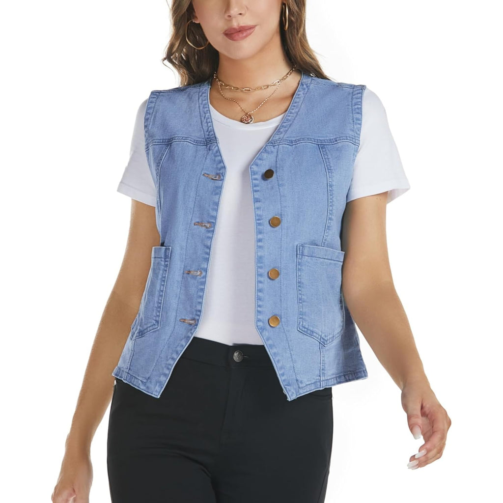 Women'S Sleeveless Denim Vest V Neck Button Down Jean Vest Top Waistcoat Jacket