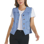 Women'S Sleeveless Denim Vest V Neck Button Down Jean Vest Top Waistcoat Jacket