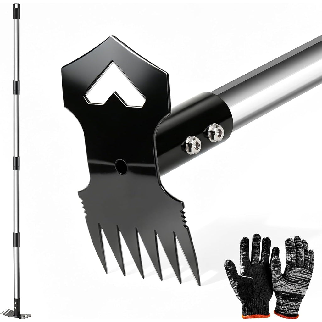60" Weed Puller Tool With Long Handle, 2-In-1 Weed Rake & Garden Hoe, Stand Up Weeding Tools Gardening, Heavy Duty Steel Weeder Tool, Manual Uprooting Weed Remover Tool For Yard, Lawn, Patio, Garden