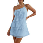 Soly Hux Women'S Mini Dress One Shoulder Ruffle Mesh Dresses Layered Backless Vacation Party Sundresses