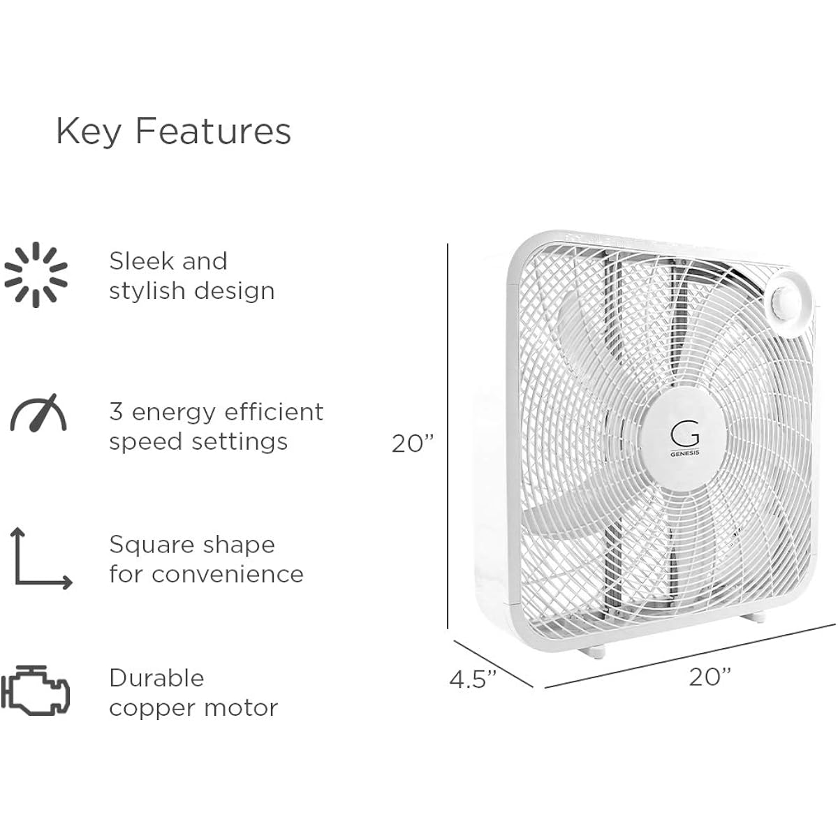 Genesis 20" Box Fan, 3 Settings, Max Cooling Technology, Carry Handle, White (G20Box-Wht)