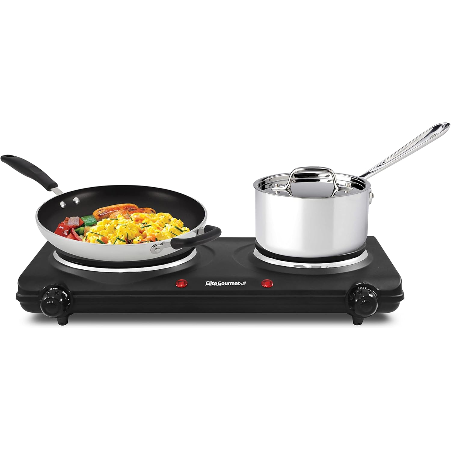 Elite Gourmet EDB-302BF Countertop Double Cast Iron Burner, 1500 Watts Electric Hot Plate, Temperature Controls, Power Indicator Lights, Easy to Clean, Black