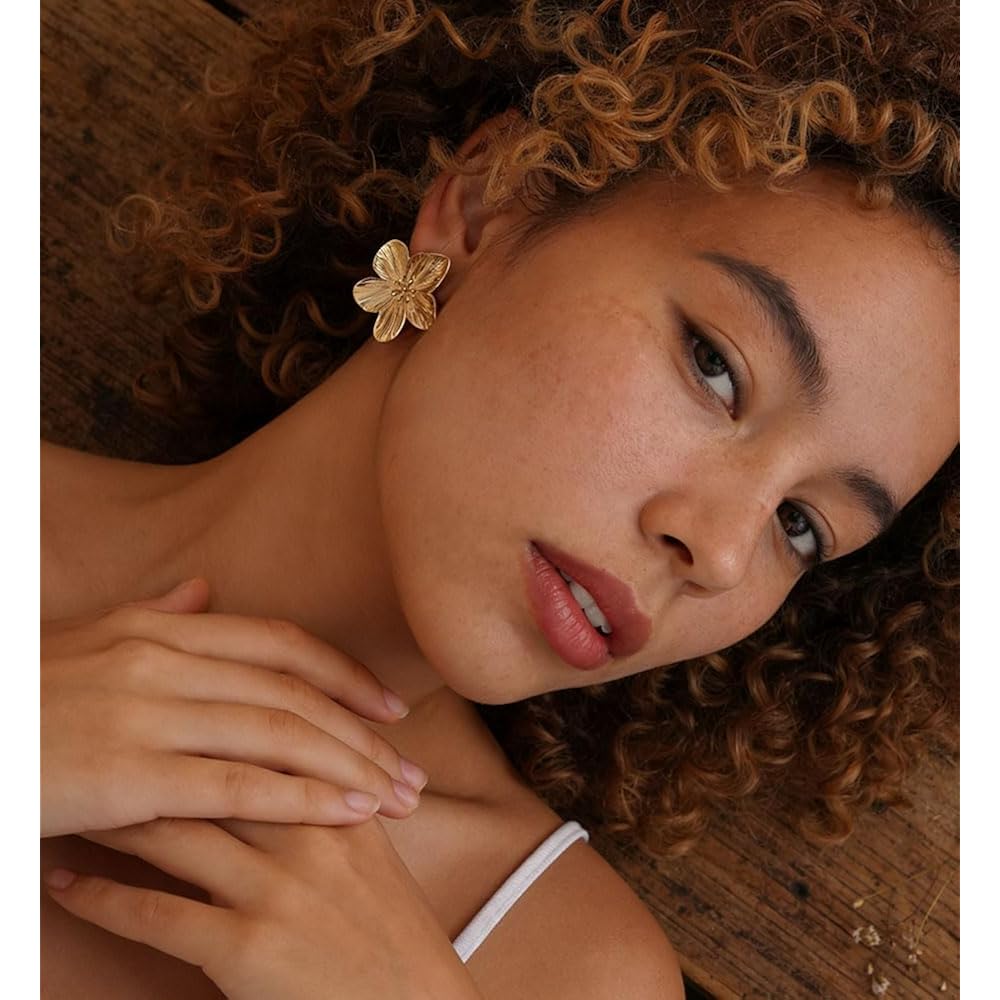 Big Gold Flower Statement Earrings for Women, 14K Gold Plated Chunky Unique Starfish Leaf Floral Drop Earrings, Large Fall Earrings Jewelry Gift