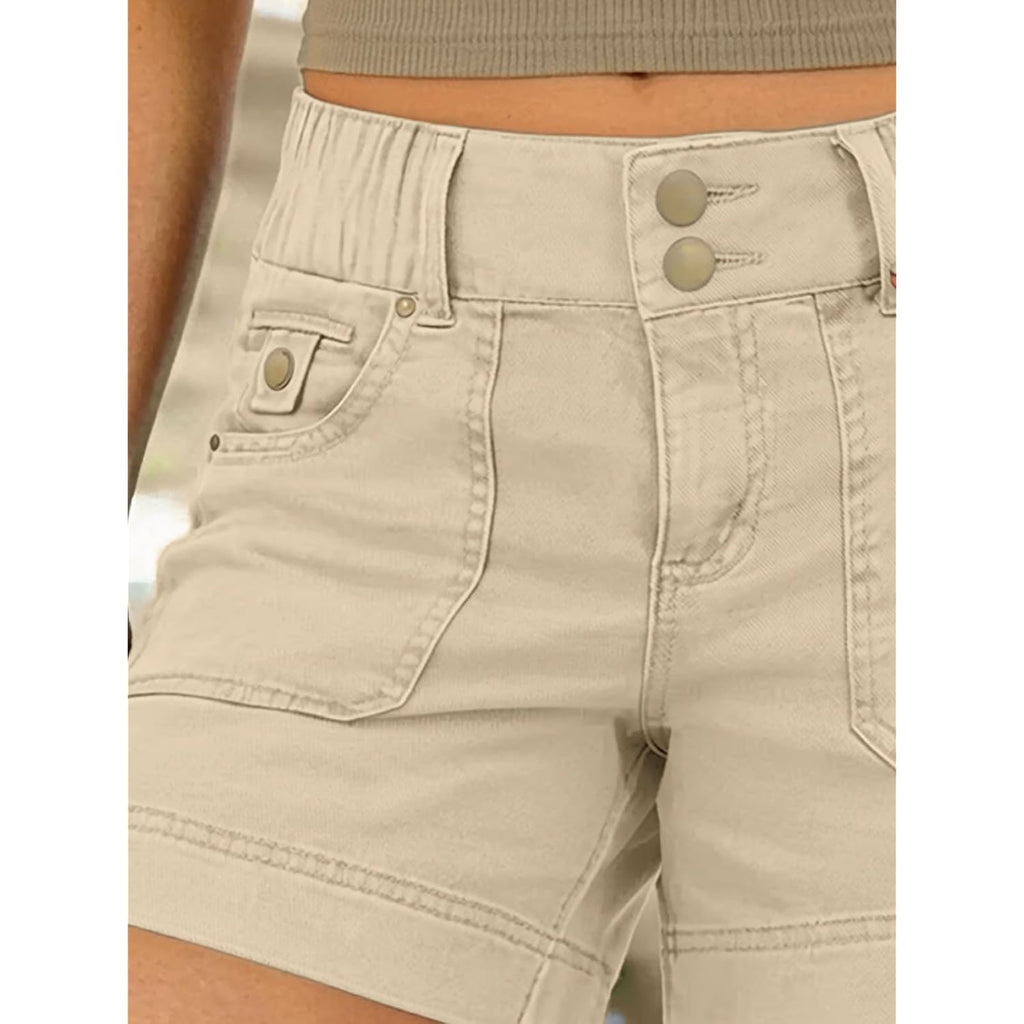 Women's Mid Waist Solid Split Side Flap Pocket Casual Shorts
