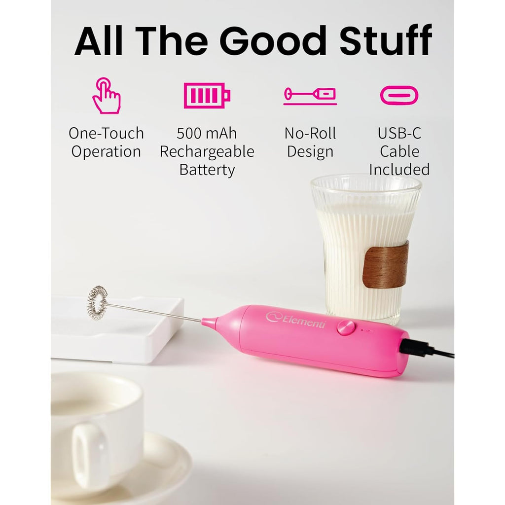 Elementi Pink Milk Frother Wand Rechargeable Drink Mixer - Powerful USB-C Rechargeable Frother & Coffee Stirrers Electric - Hand Held Whisk to Make Perfect Cappuccinos, Lattes & Drink Mixes at Home