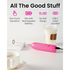 Elementi Pink Milk Frother Wand Rechargeable Drink Mixer - Powerful USB-C Rechargeable Frother & Coffee Stirrers Electric - Hand Held Whisk to Make Perfect Cappuccinos, Lattes & Drink Mixes at Home