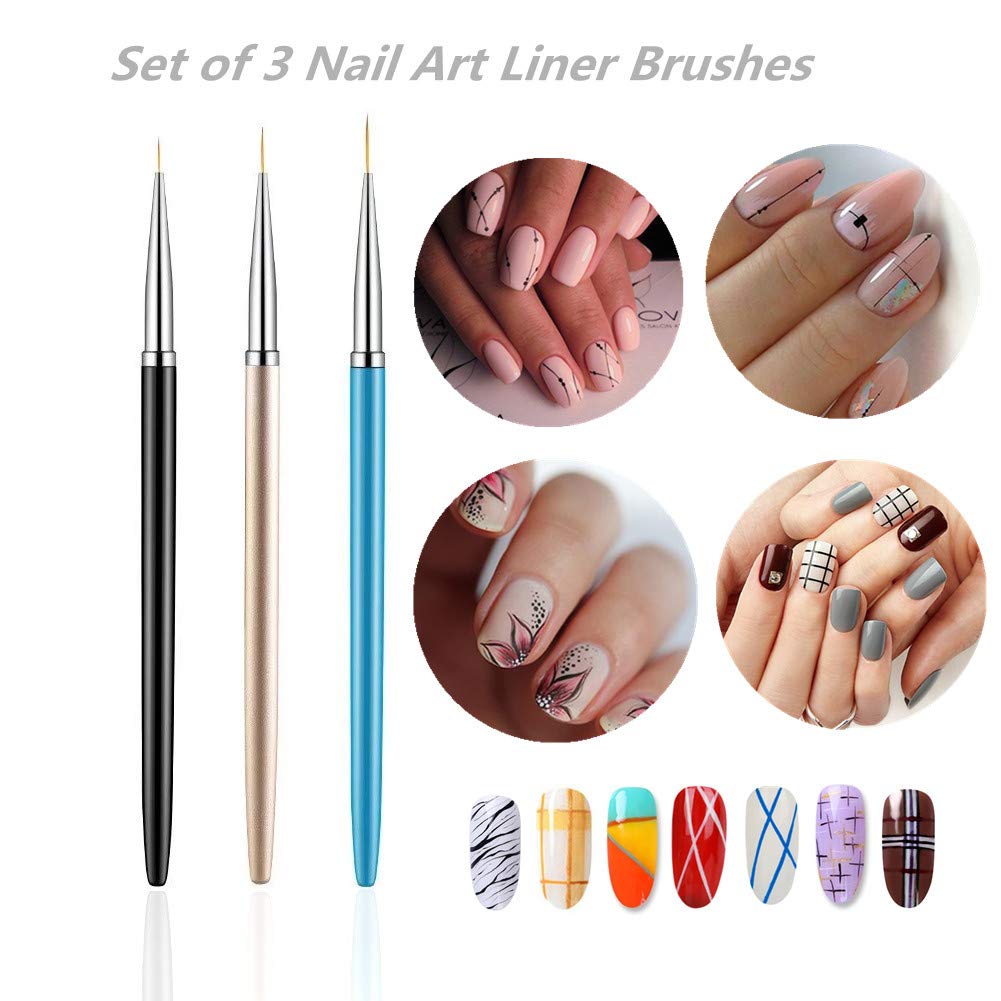 3PCS Nail Art Liner Brushes, UV Gel Painting Acrylic Nail Design Nylon Brush, Nail Painting Drawing Pens (7/9/11mm)