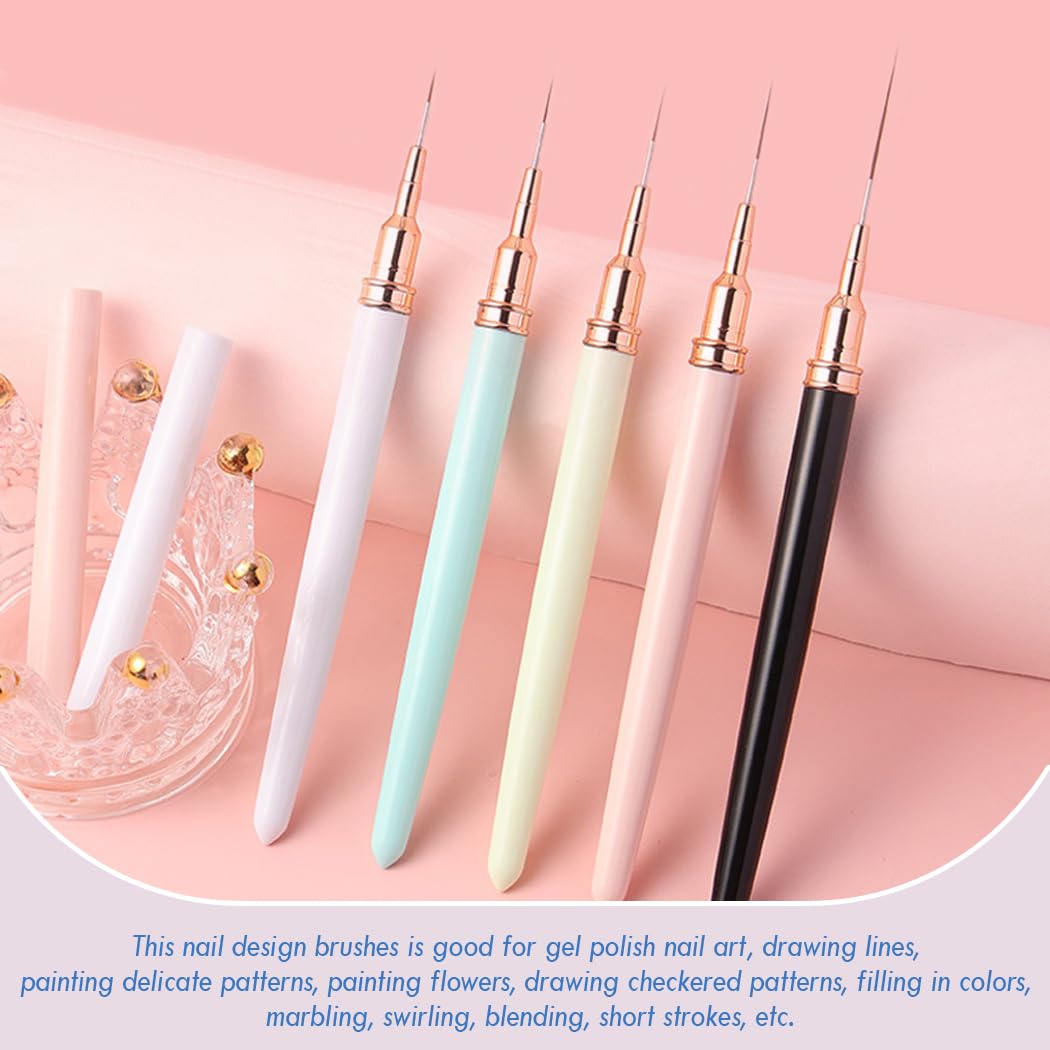 Nail Art Liner Brushes, 5Pcs Gel Polish Painting Art Design Pen Set Striping Brushes for Thin Long Lines, Tiny Details, Fine Drawing, Delicate Coloring Sizes 7/9/11/15/25mm