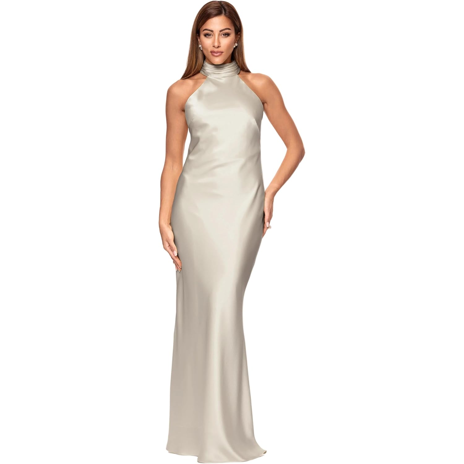 Xscape Women'S Satin Mock Neck Halter Floor Length Dress