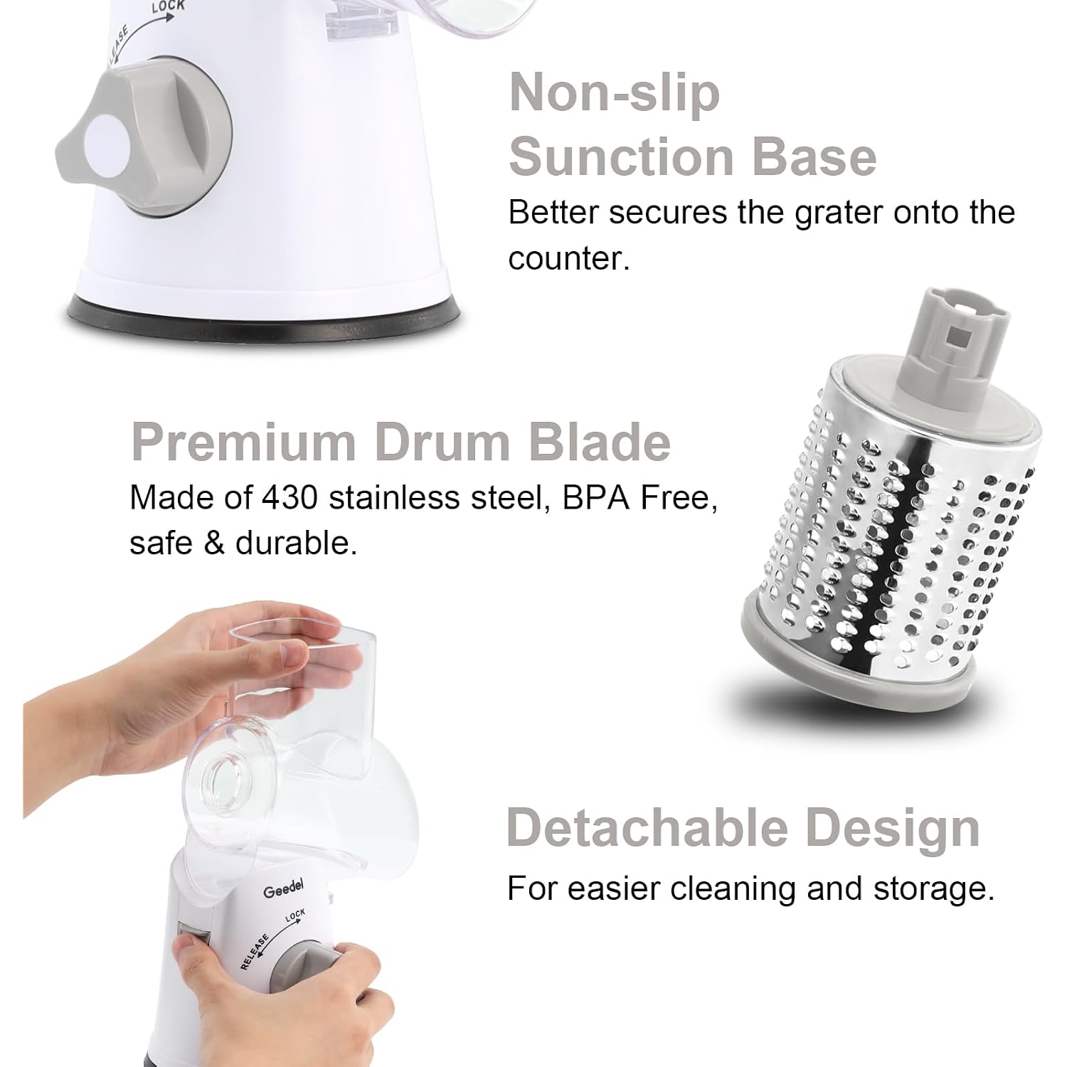 Geedel Rotary Cheese Grater, Kitchen Mandoline Vegetable Slicer With 3 Interchangeable Blades, Easy To Clean Rotary Grater Slicer For Cheese, Vegetables, Nuts