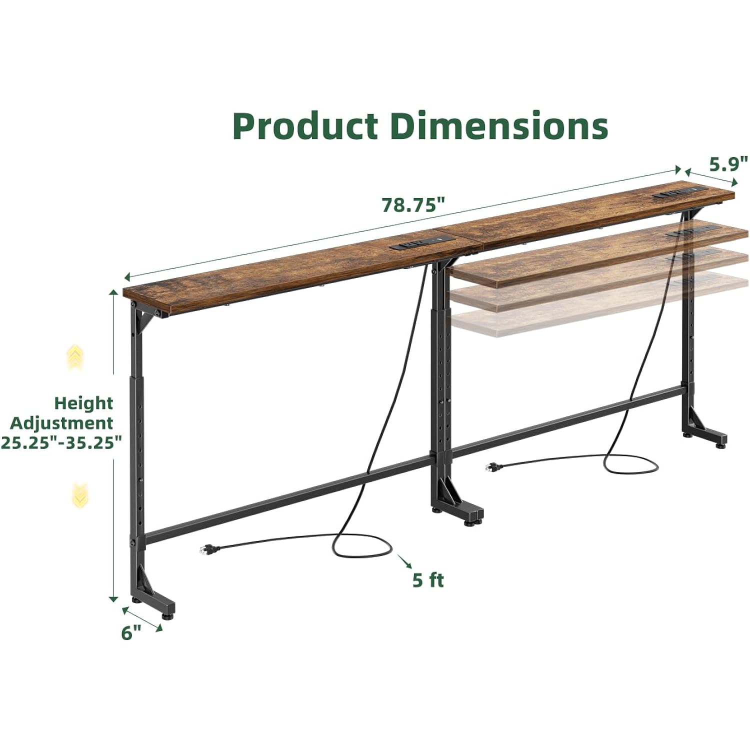 Simple Trending 78.75 Inch Narrow Console Table With 2 Charging Station, Behind Couch Table Set Of 2, Sofa Table Adjustable Height, Long Entryway Tables For Living Room, Rustic Brown