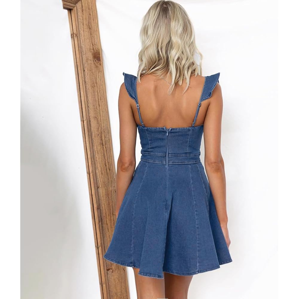 Utcoco Denim Dress For Women Ruffle Adjustable Strap Sleeveless Backless Babydoll Mini Jean Dresses