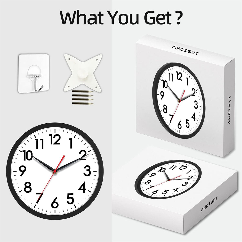 Akcisot 10 Inch Wall Clock, Battery Operated Analog Clock, Silent Non-Ticking, Ideal For Bedroom, Bathroom, Kitchen, Office And School, Black