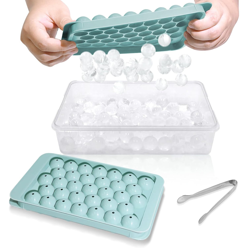 Ice Cube Tray With Lid And Bin - Round Ice Trays For Freezer With Lid - Ice Cube Trays For Freezer With Ice Container (1"-2Pack Blue)