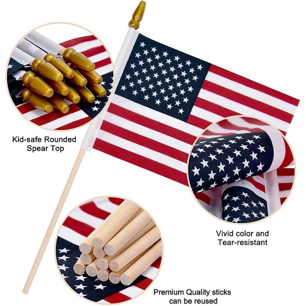 12 Pack Small American Flags On Stick Small Us Flags/Mini American Flags For Outside 4X6 Inch American Hand Held Stick Flags With Kid-Safe Spear Top, Patriotic Veterans Day Decorations, 4Th Of July Decorations