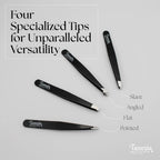 TWEEZIA Stainless Steel Tweezer Set - 4 Precision Tweezers with Mirror & Leather Case - Ideal Eyebrow Kit, Ingrown Hair Tweezers, Splinter Removal Kit or Pointed Tweezers for Beauty and Personal Care