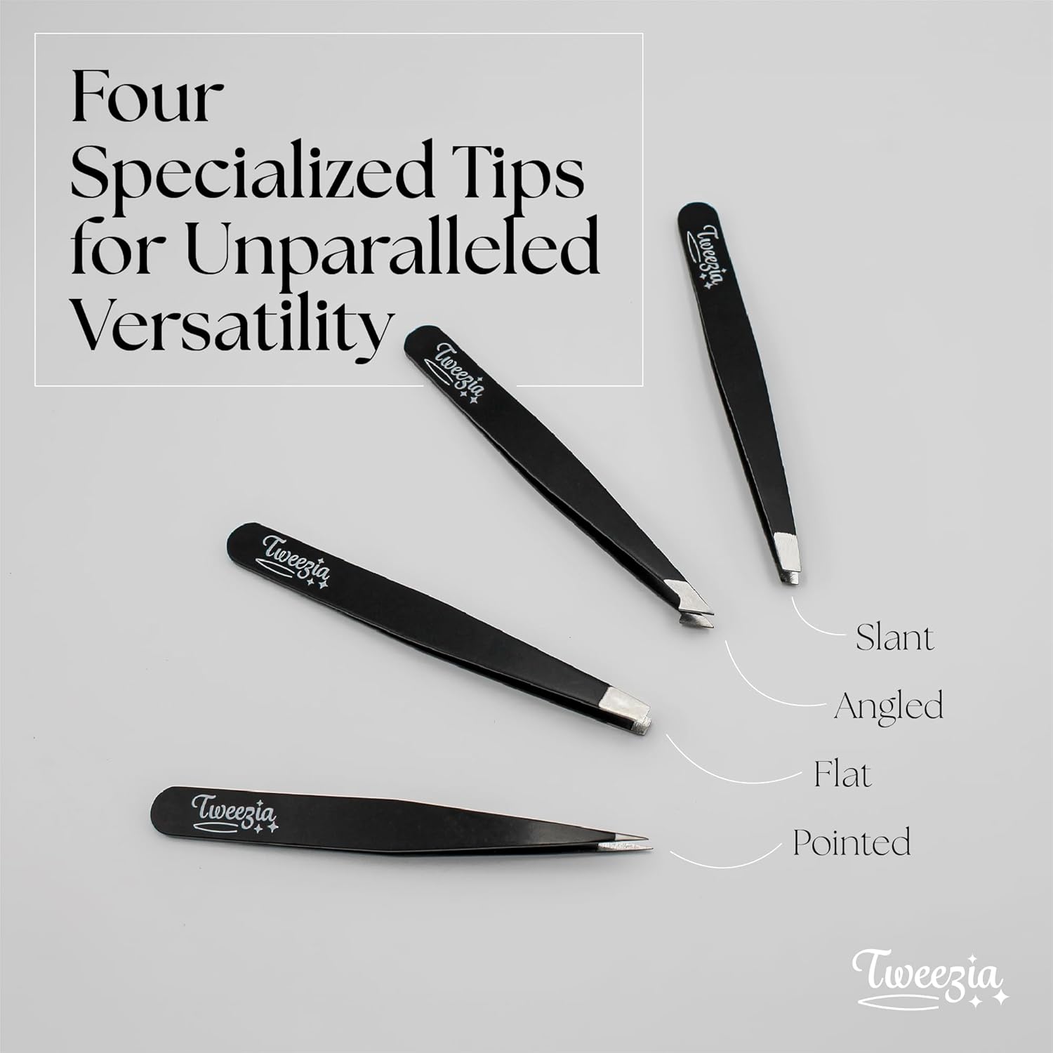 TWEEZIA Stainless Steel Tweezer Set - 4 Precision Tweezers with Mirror & Leather Case - Ideal Eyebrow Kit, Ingrown Hair Tweezers, Splinter Removal Kit or Pointed Tweezers for Beauty and Personal Care
