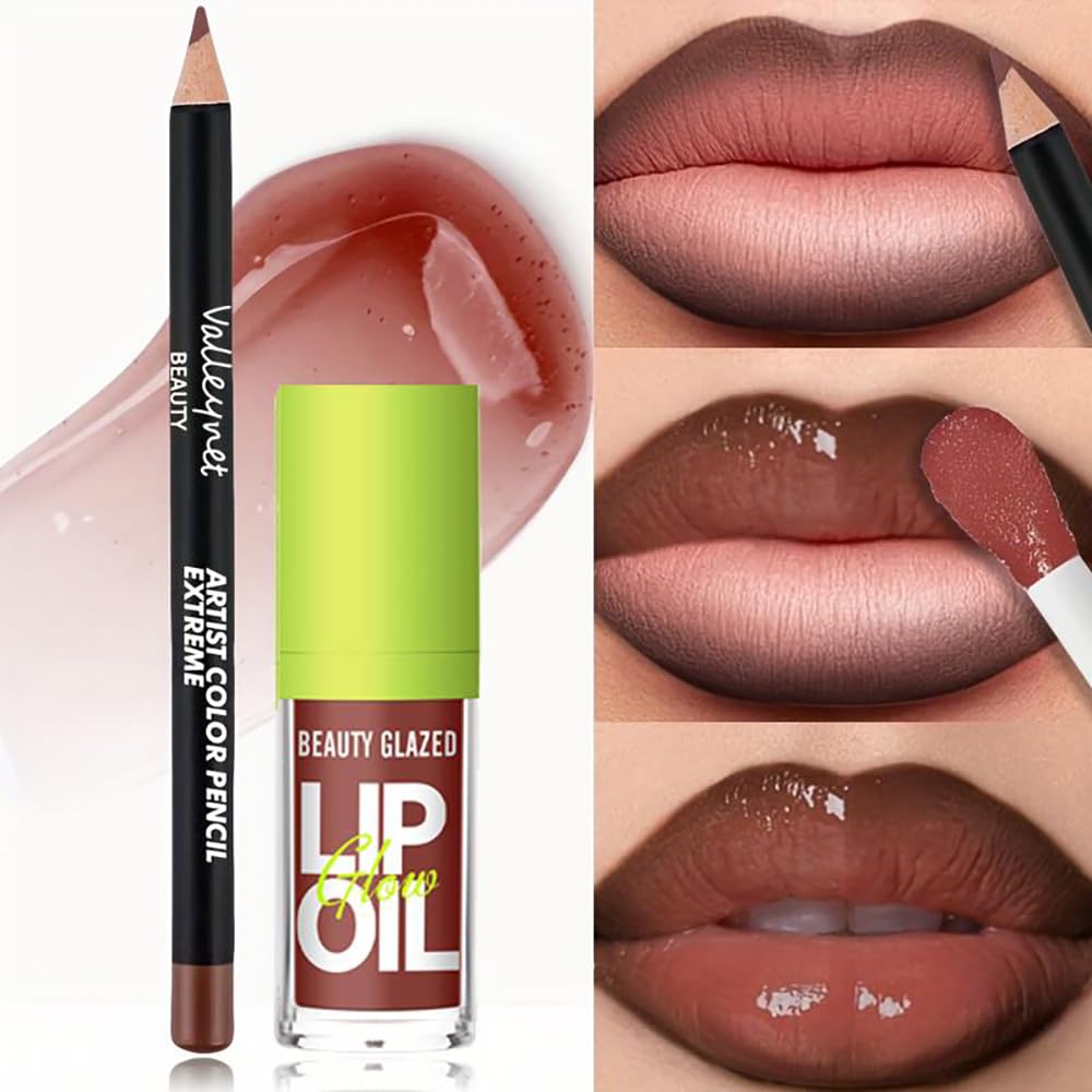 2Pcs Lip Gloss & Lip Liner Set – Cocoa Brown, 90S Ombre Lips, Retro Gradient Lip, Plumping Effect, Full Volume Lips, High Shine Gloss, Viral Lip Combo, Fuller Looking Lips Glassy Lip (#V04+107)