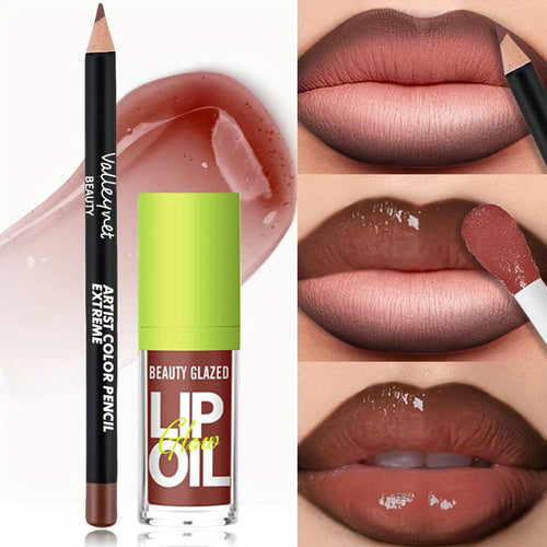 2Pcs Lip Gloss & Lip Liner Set – Cocoa Brown, 90S Ombre Lips, Retro Gradient Lip, Plumping Effect, Full Volume Lips, High Shine Gloss, Viral Lip Combo, Fuller Looking Lips Glassy Lip (#V04+107)