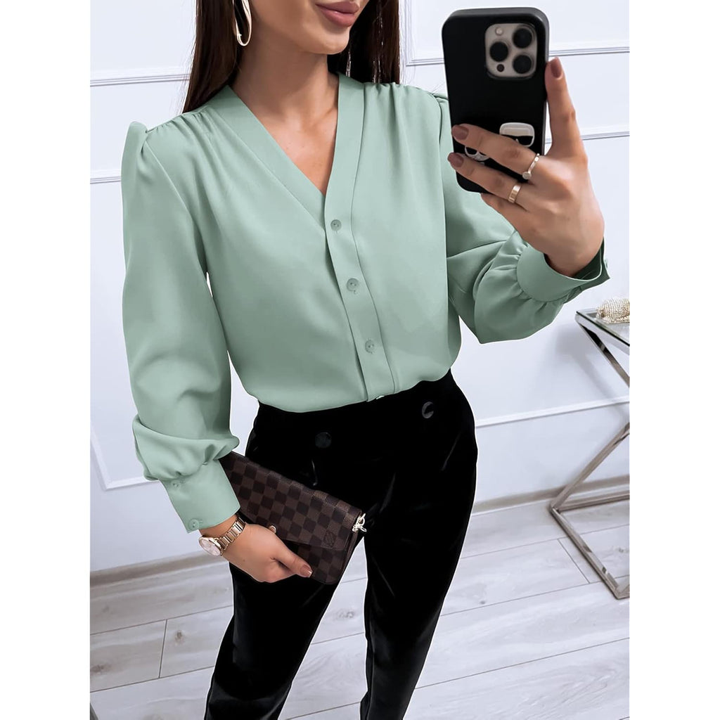 Women's Business Casual Tops Summer Long Sleeve Button Down Shirts V Neck Chiffon Blouses