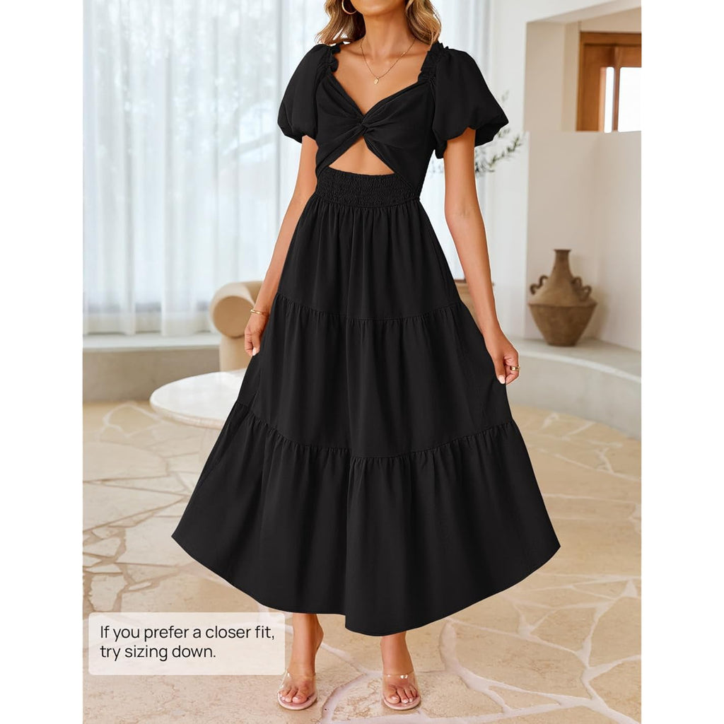 Zesica Womens Summer Casual Flowy Vacation Maxi Dress 2026 Short Puff Sleeve A Line Smocked Cutout Beach Party Dresses